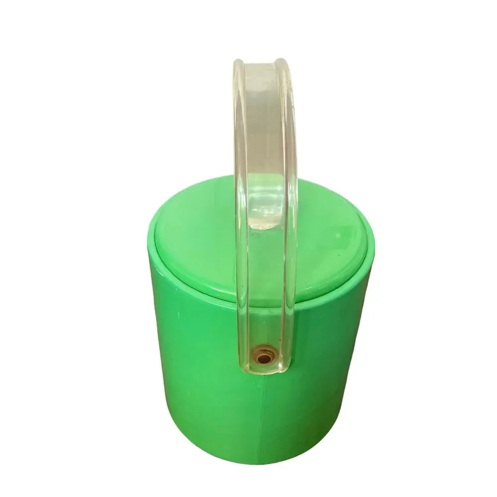 Mid Century Ice Bucket Lucite Handle & Knob Green Padded Vinyl Vintage FLAW